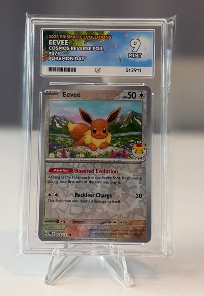 Pokemon eevee cosmos reverse foil, pokemon day 2025 prismatic evolutions