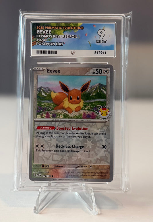 Pokemon eevee cosmos reverse foil, pokemon day 2025 prismatic evolutions